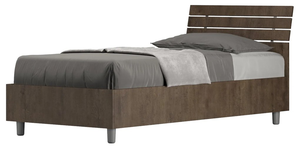 Letto Singolo 80x200 Ankel con Testata Inclinata e Contenitore, Noce / Contenitore