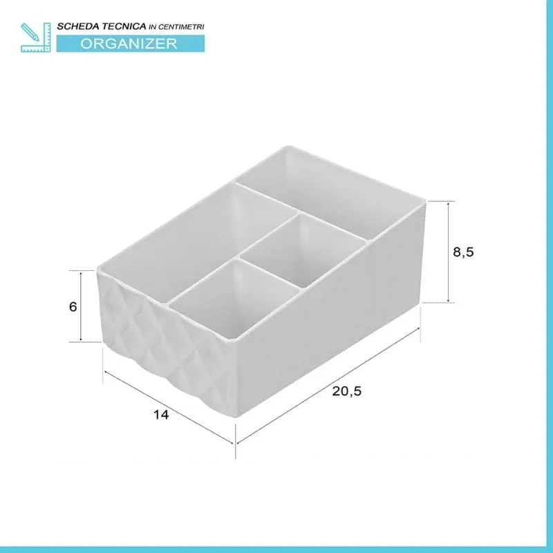 Organizer porta trucchi e cosmetici in plastica bianca con 4 scomparti
