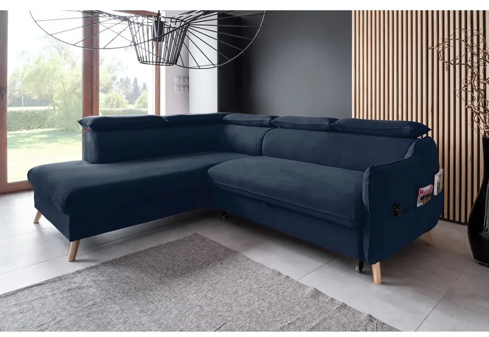 Divano letto angolare in velluto blu scuro (angolo sinistro) Sweet Harmony - Miuform