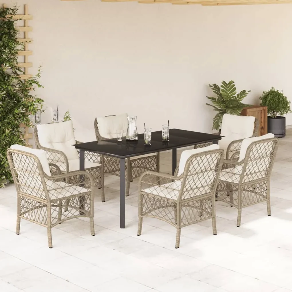 Set da pranzo da giardino 7 pz con cuscini beige in polyrattan