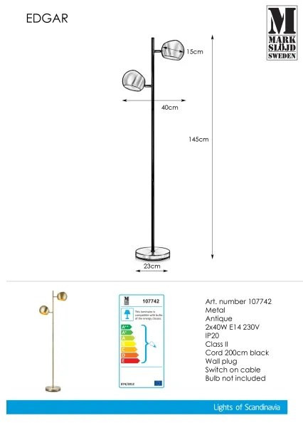 Markslöjd 107742 - Lampada da terra EDGAR 2xE14/40W/230V