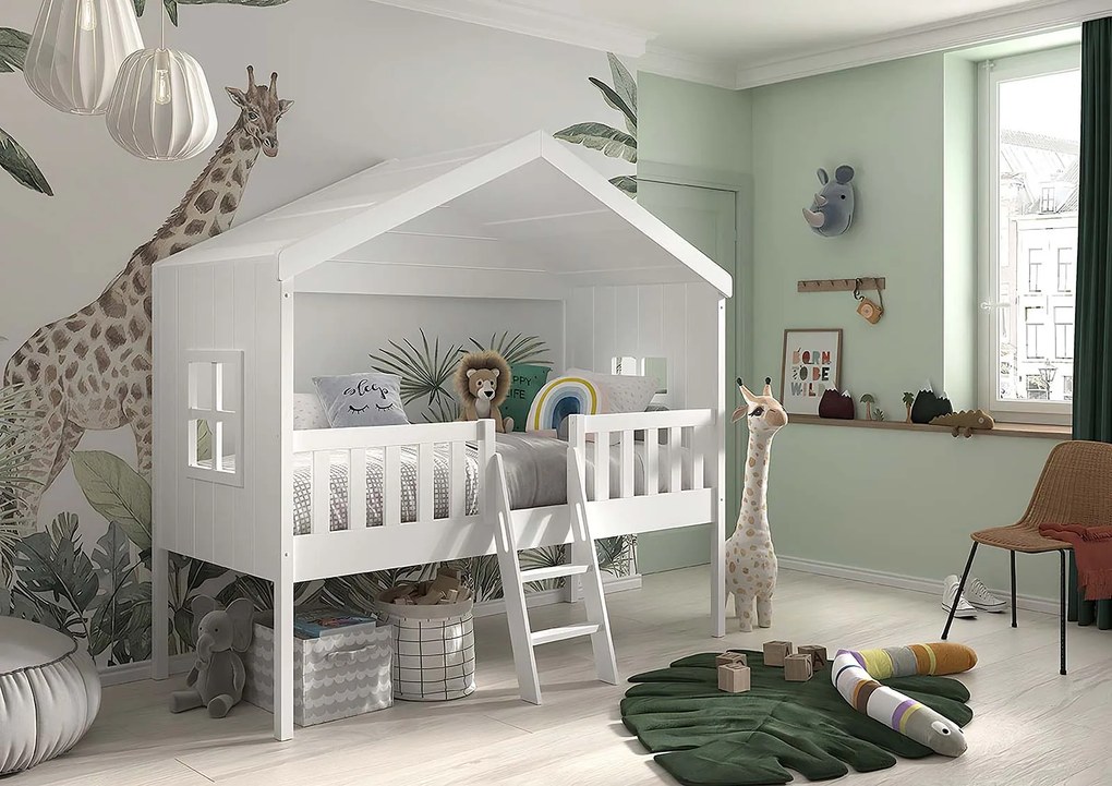Letto a casetta con finestre per bambini, bianco laccato
