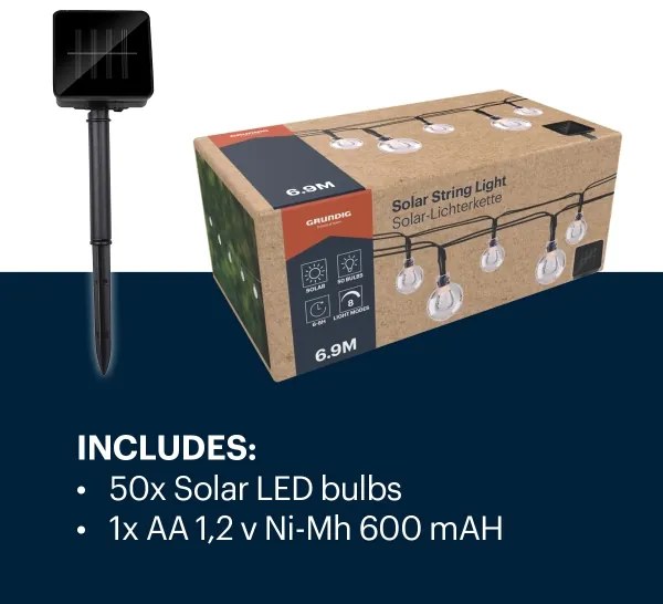 Grundig - Catena LED solare 50xLED/8 funzioni 6,9m bianco caldo
