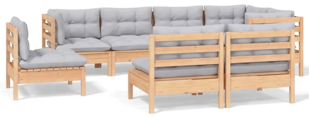 Set divani da giardino 8 pz con cuscini grigi massello di pino
