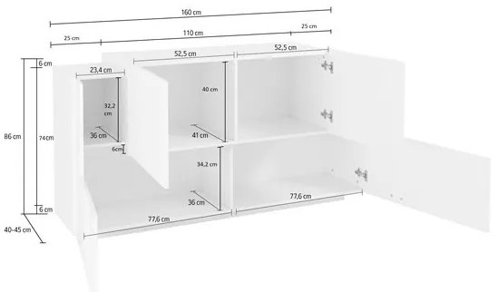 Madia 4 Ante 160x86x45 Design Moderno Bianco Lucido Effetto Legno New Coro