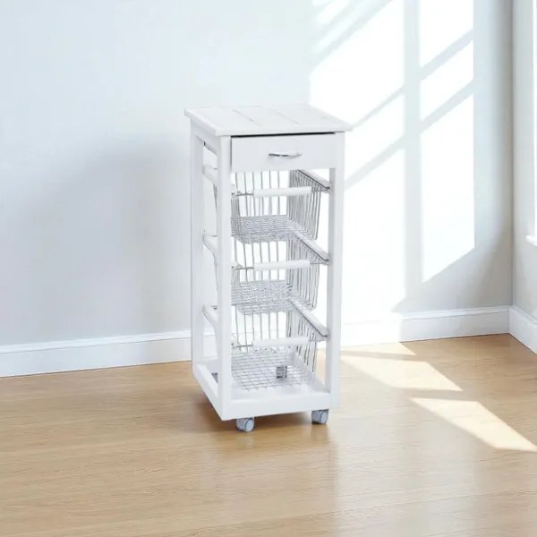 Carrello cucina SLIM in legno di faggio 3 cesti e 1 cassetto Bianco