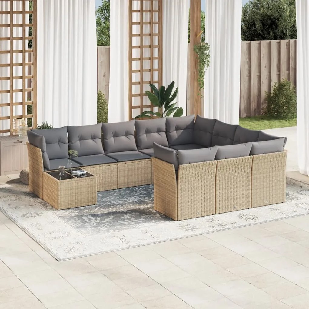 Set Divani da Giardino 11 pz con Cuscini Beige in Polyrattan