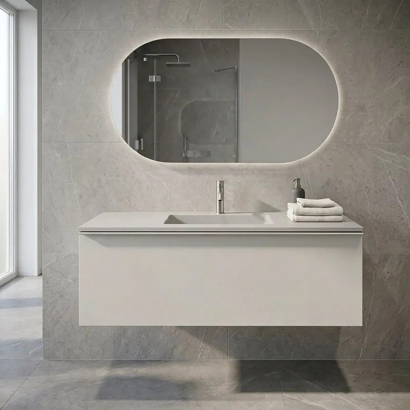 Mobile da bagno sospeso sotto lavabo Pixel plain 1 cassetto L 120 x H 40 x P 45.5 cm grigio pastello laccato opaco, con maniglia alluminio brillante