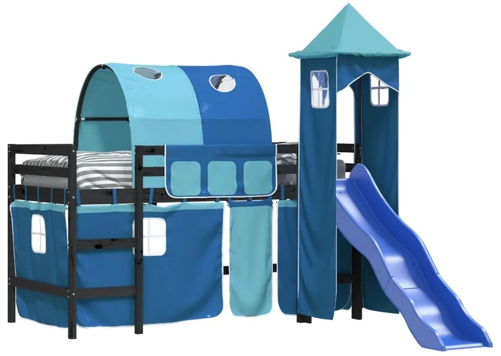 Letto a soppalco con torre bambini blu 80x200cm massello pino