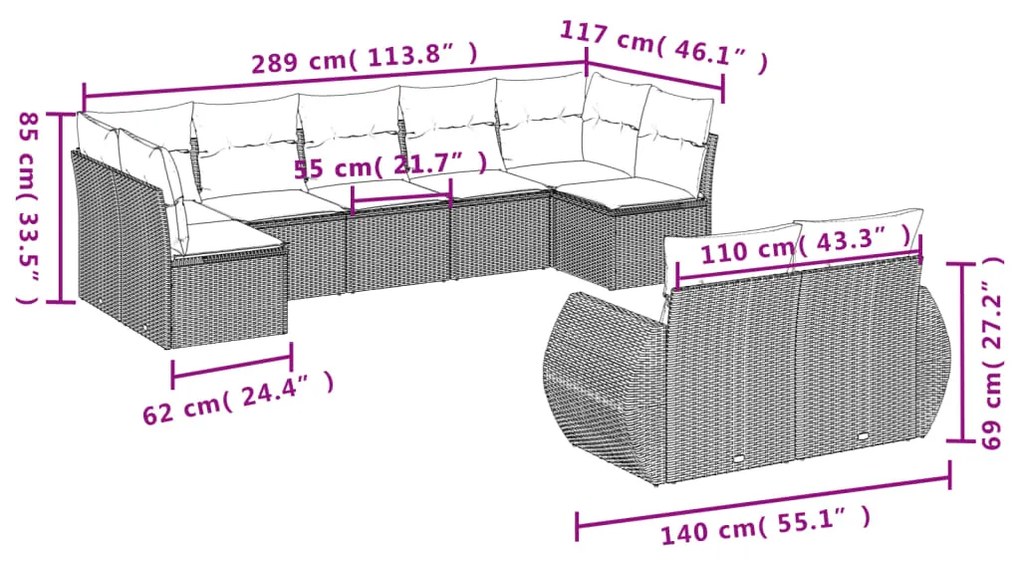 Set Divano da Giardino 9 pz con Cuscini Beige in Polyrattan