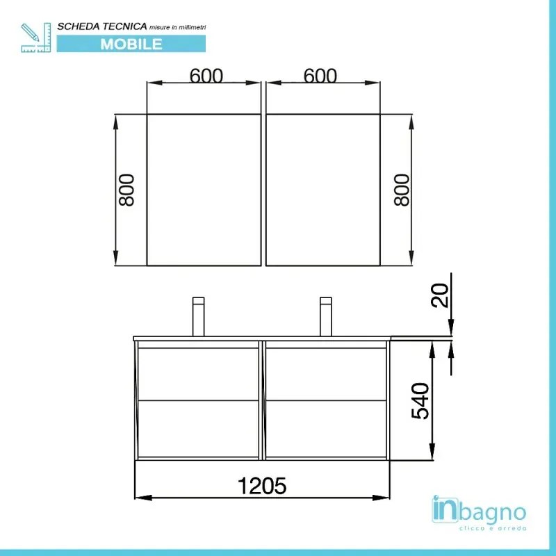 Mobile bagno sospeso 120 cm rovere juta con 4 cassetti Mavi