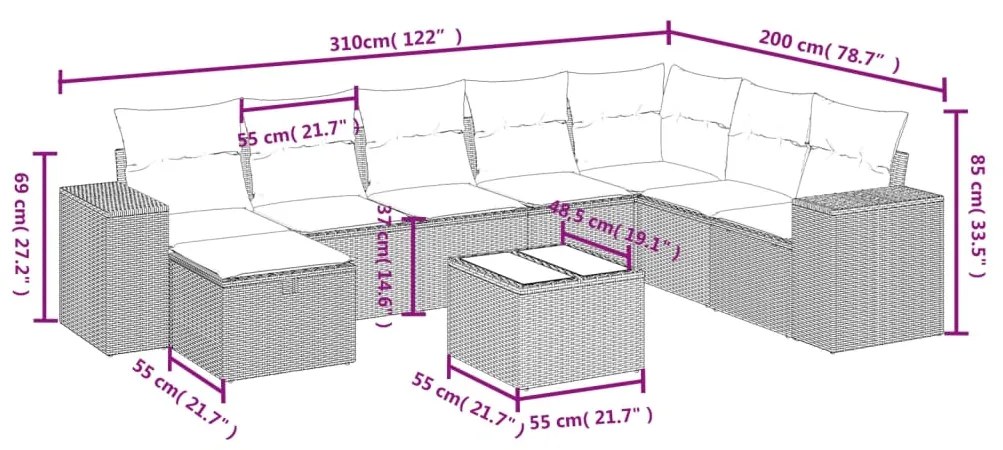 Set divano da giardino 9 pz con cuscini beige misto polyrattan