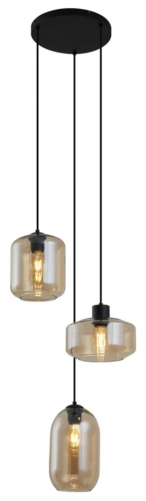 Lampada a sospensione moderna nera con vetro ambrato a 3 luci - Sheena