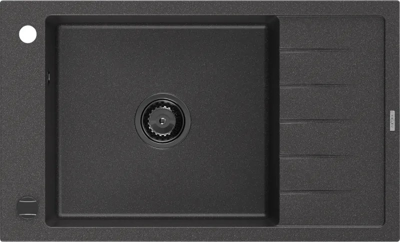Mexen Elias lavello in granito 1-vasca con sgocciolatoio 795 x 480 mm, nero maculato, sifone nero - 6511791005-76-B