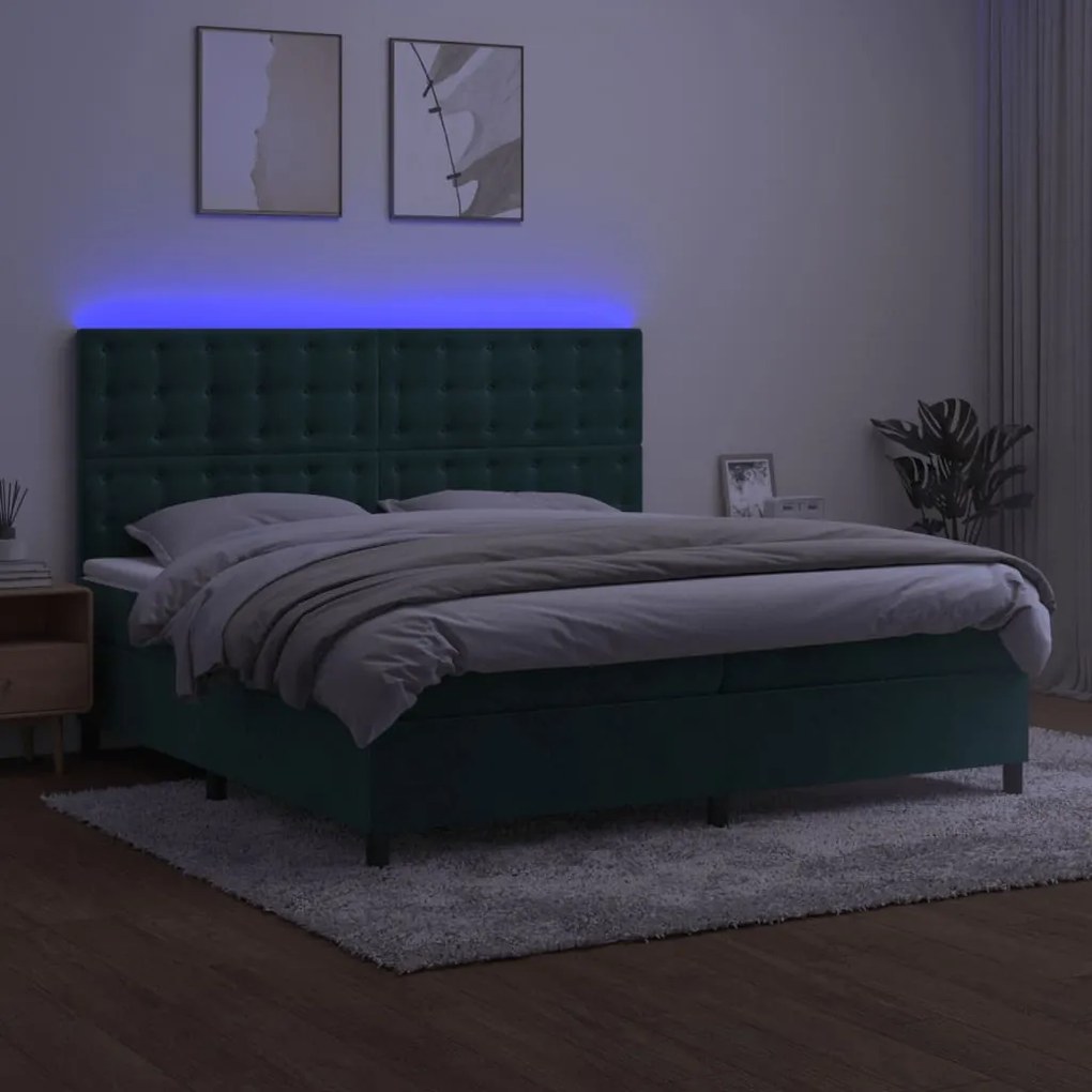 Letto a molle con materasso e led verde scuro 200x200cm velluto