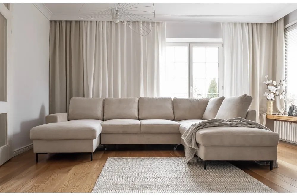 Divano letto angolare in velluto a coste beige (angolo destro) Lofty Lilly - Miuform