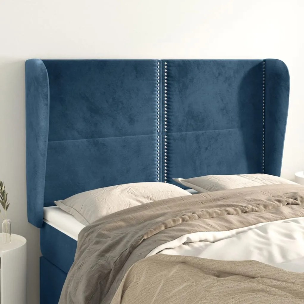 Testiera Ad Orecchio Blu Scuro 147x23x118/128cm İn Velluto /