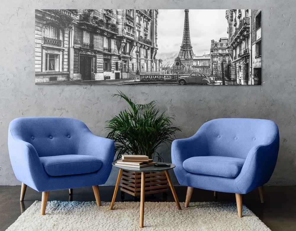 Stampa su tela – Vista sulla Torre Eiffel dalla strada di Parigi in bianco e nero