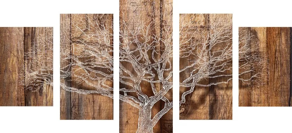Quadri 5 pezzi – Albero con imitazione di sfondo in legno