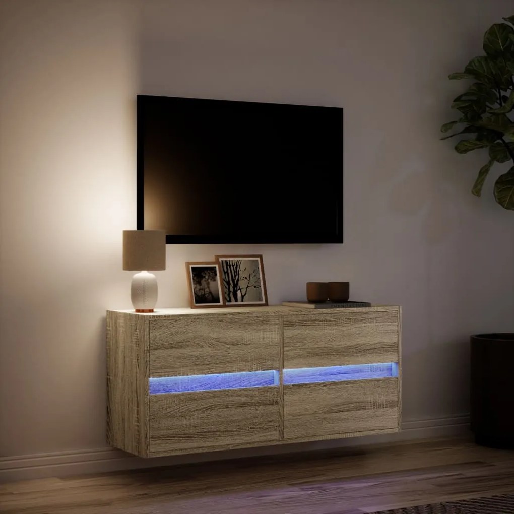 Mobile tv a parete con luci led rovere sonoma 100x31x45 cm