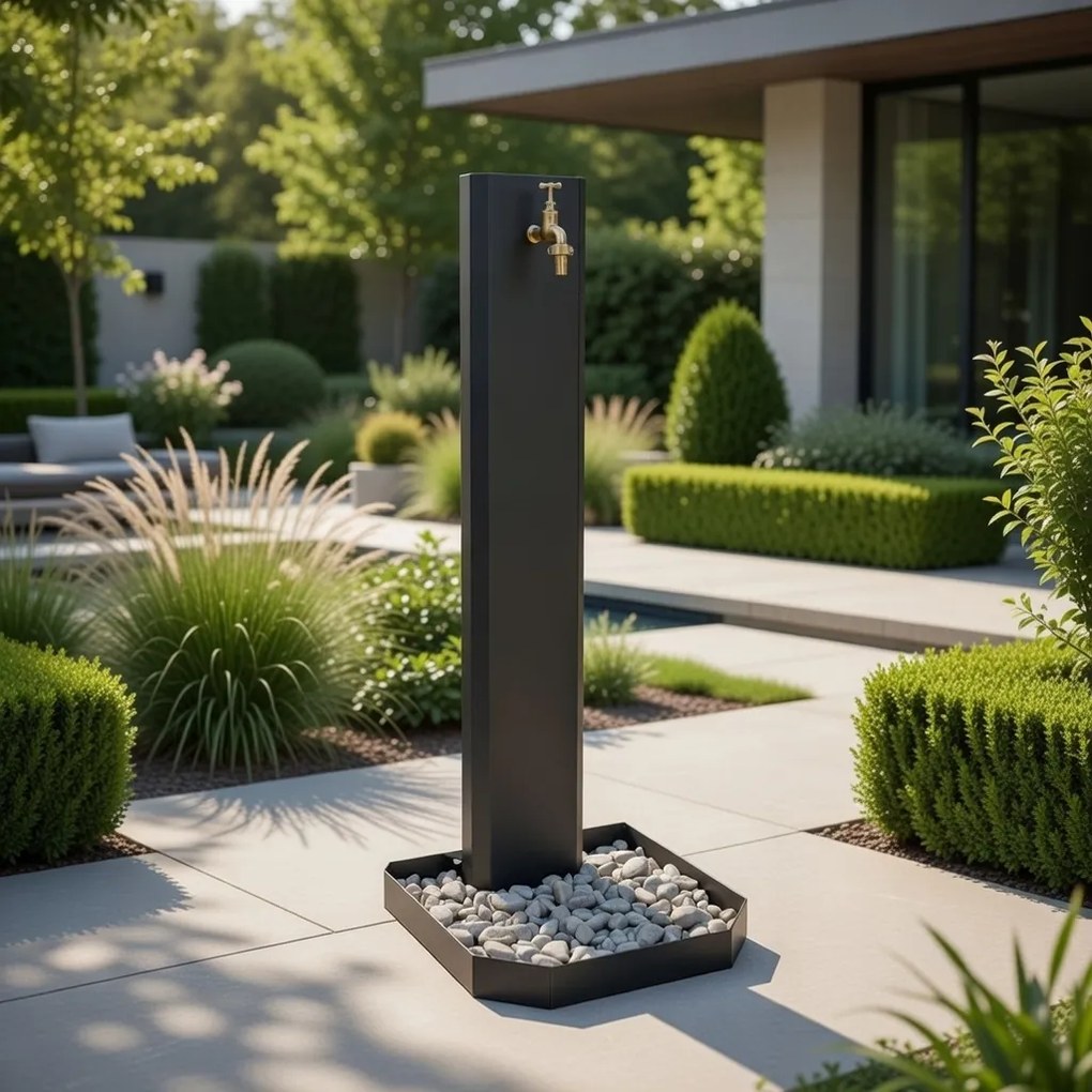Fontana da Giardino Design a Colonna Ovale Rubinetto in Ottone e Base con Ciottoli Antracite...