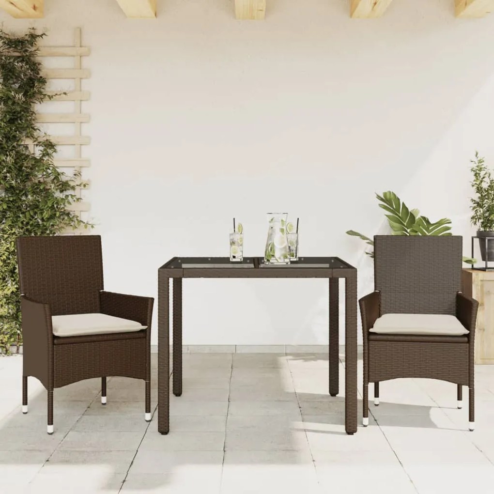 Set Da Pranzo Da Giardino 3pz Con Cuscini Polyrattan E Vetro /