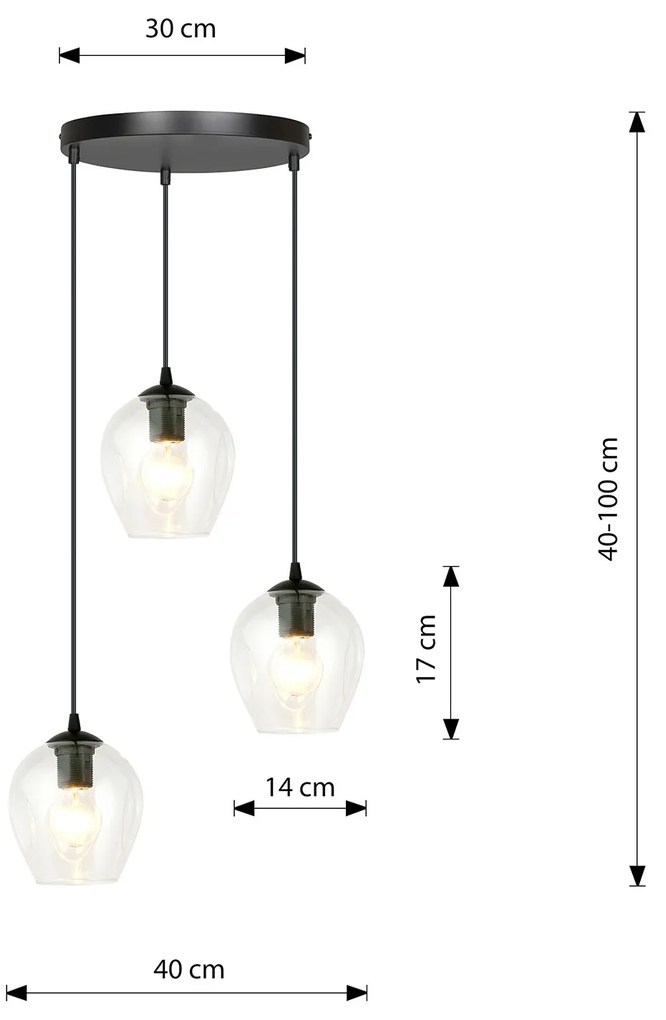 Lampadario 3 Luci Fuxi Base Tonda In Acciaio Nero E Vetri Trasparente