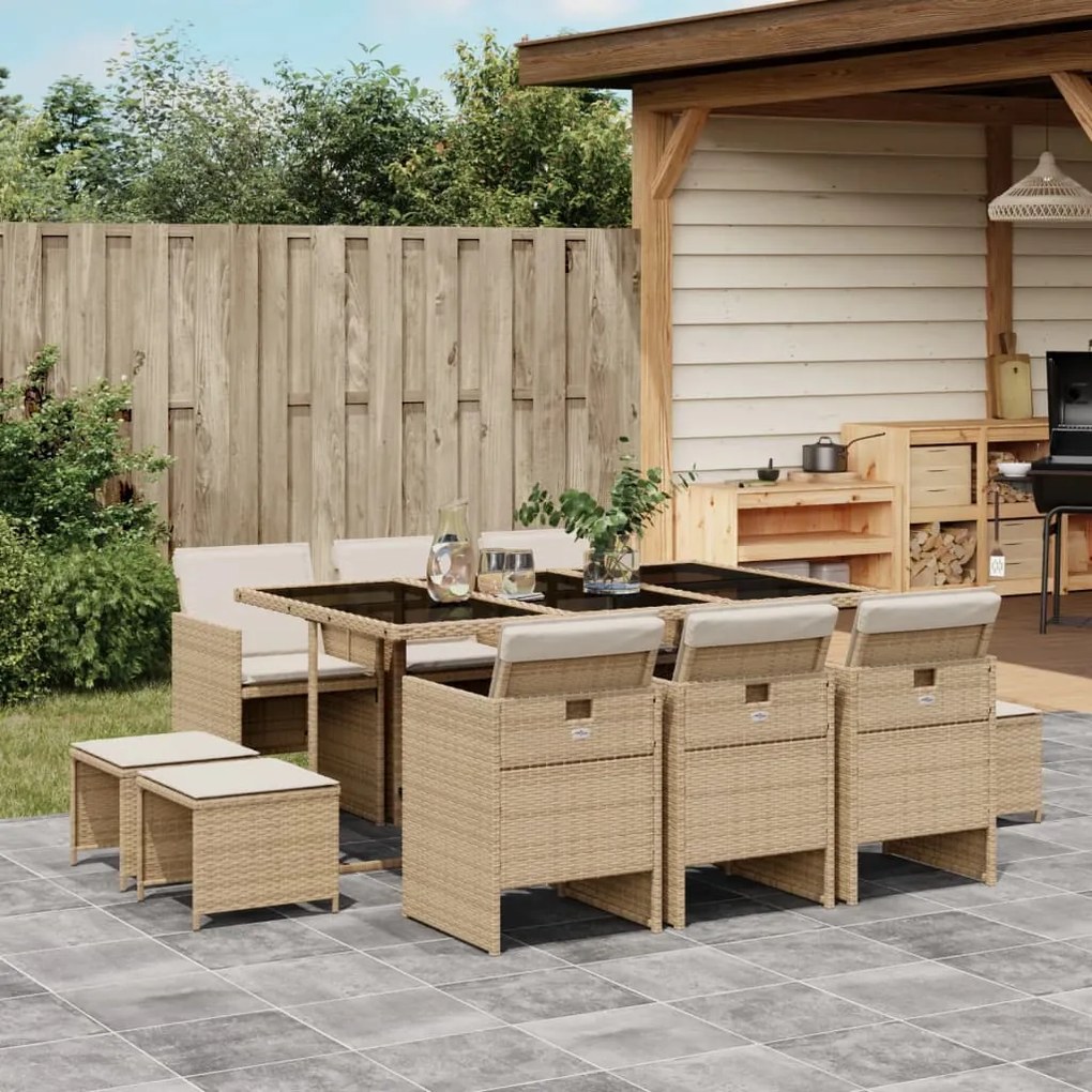 Set da pranzo da giardino 11 pz con cuscini beige in polyrattan