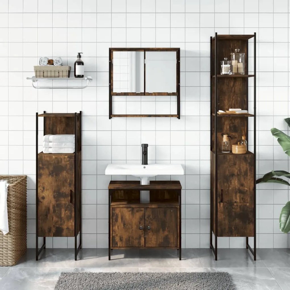 Set mobili da bagno 4 pz rovere fumo in legno multistrato