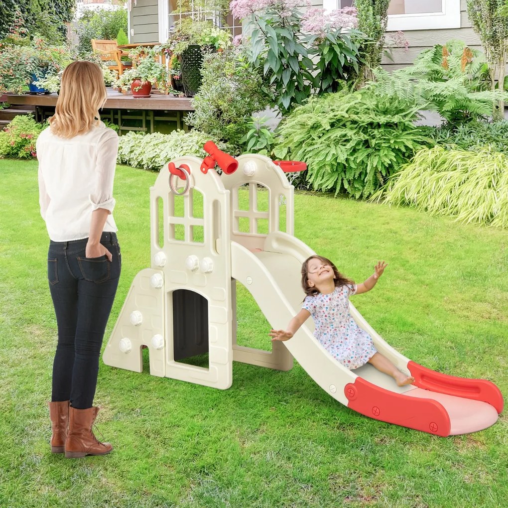 Costway Scivolo grande per bambini 6 in 1 con canestro palla lancio dell'anello e cannocchiale, Set da gioco Rosa