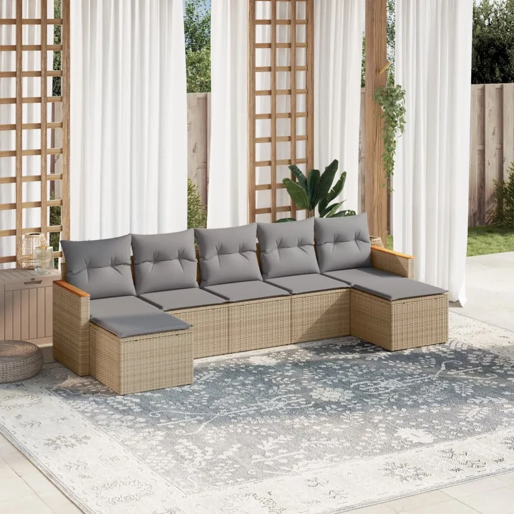 Set Divani da Giardino 7 pz con Cuscini Beige in Polyrattan