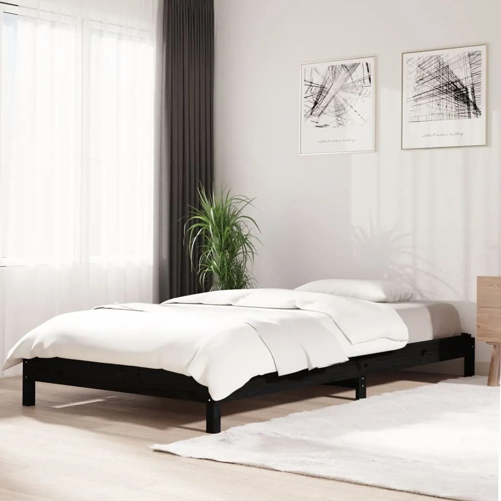 Letto Impilabile Nero 100x200cm İn Legno Massello Di Pino /