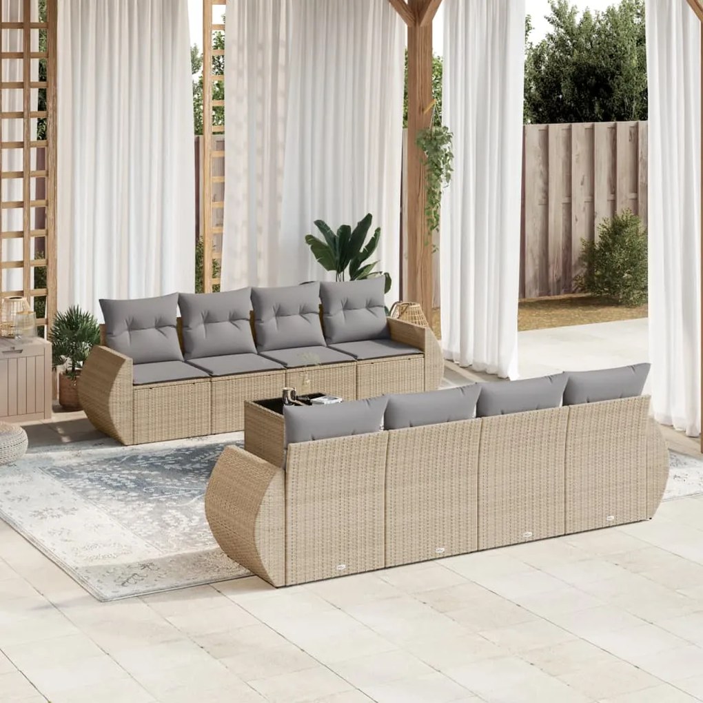 Set divano da giardino 9 pz con cuscini beige in polyrattan