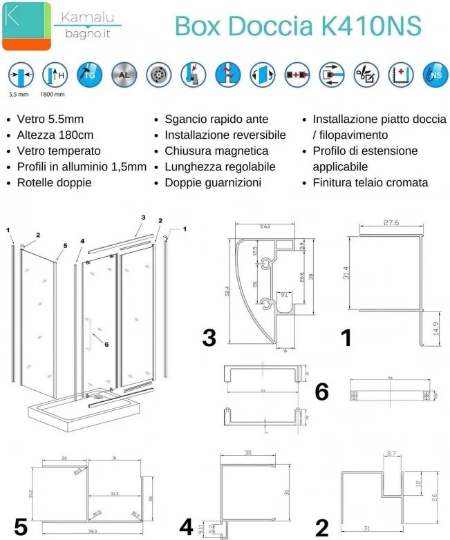 Kamalu - Box a 3 lati 80x140x80 scorrevole vetro trasparente K410NS