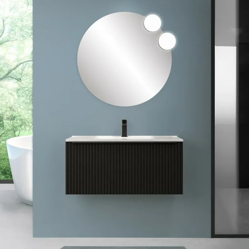 Mobile bagno sospeso 90 cm nero opaco cannettato con cassetto, specchio e lavabo Nara