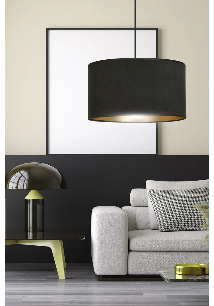 Sospensione 1 Luce Ganesha In Acciaio Nero E Paralume In Tessuto Nero