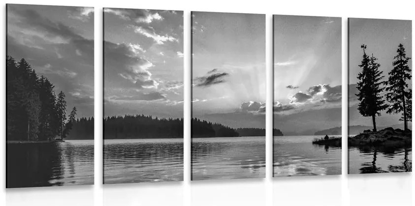 Quadri 5 pezzi – Riflesso del lago di montagna in bianco e nero