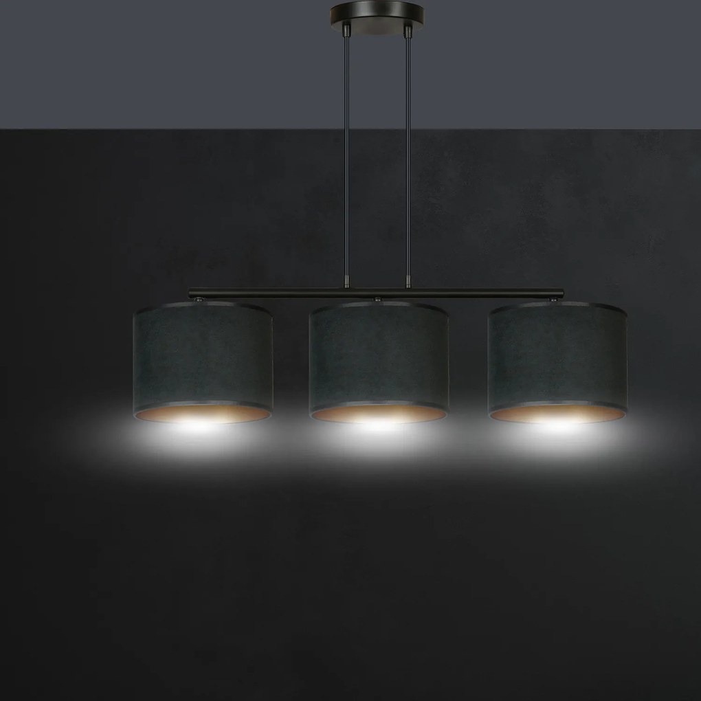 Lampadario 3 Luci Ganesha In Acciaio Nero E Paralumi In Tessuto Nero