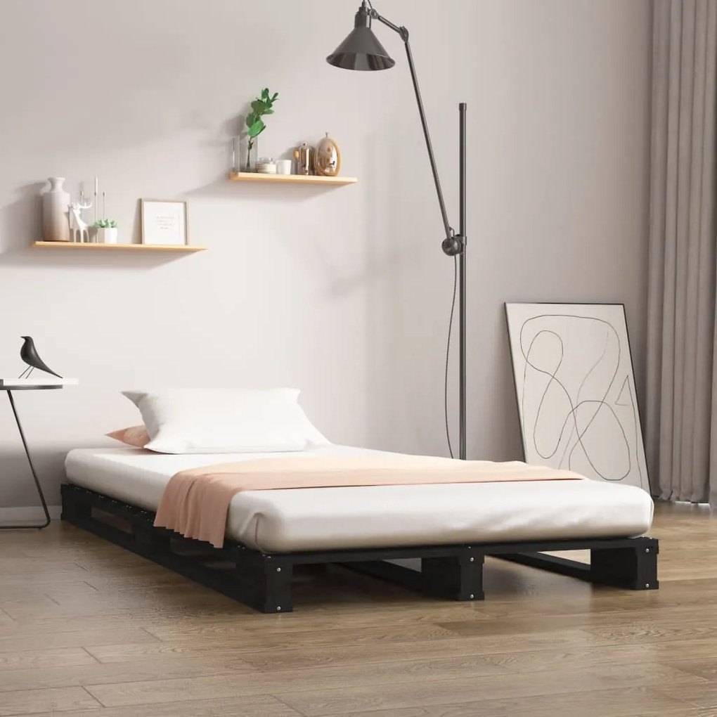 Letto a pallet nero 75x190 cm massello pino 2ft6 small single