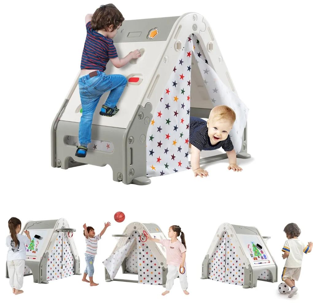 Costway Triangolo per bambini con copertura della tenda parete di arrampicata, Tenda per bambini 6 in 1 Grigio