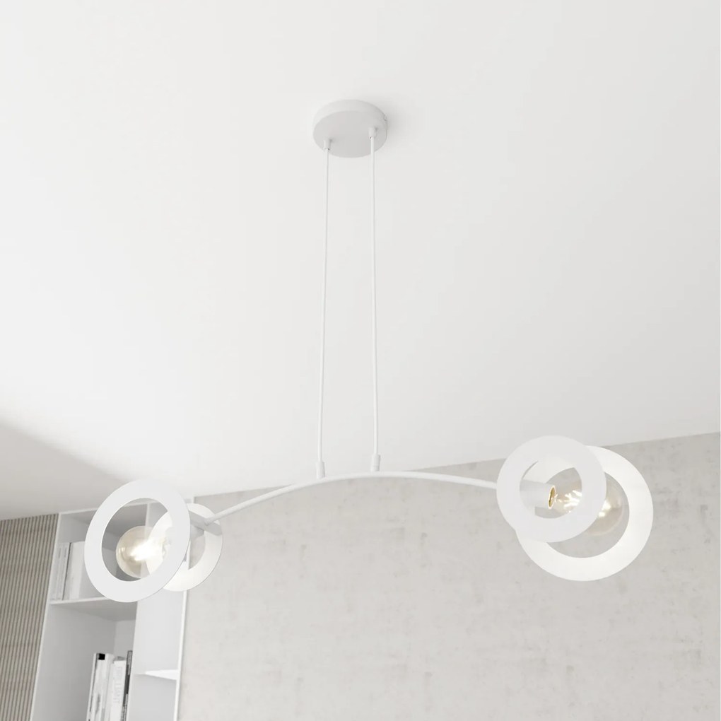 Lampadario 2 Luci Crono Acciaio Bianco A Bracci E Diffusori A Doppio Cerchio
