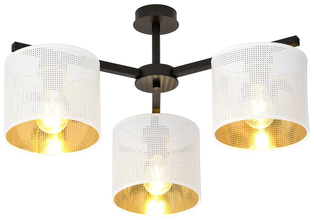 Plafoniera Industrial 3 Luci Cigno In Acciaio Bianco E Paralumi A Cilindro Oro