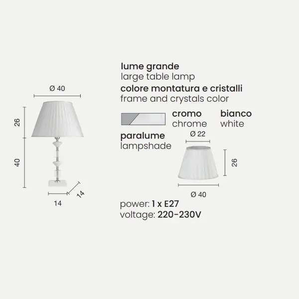 Lampada da tavolo GALA in vetro con dettagli in metallo Bianco 40x66 cm