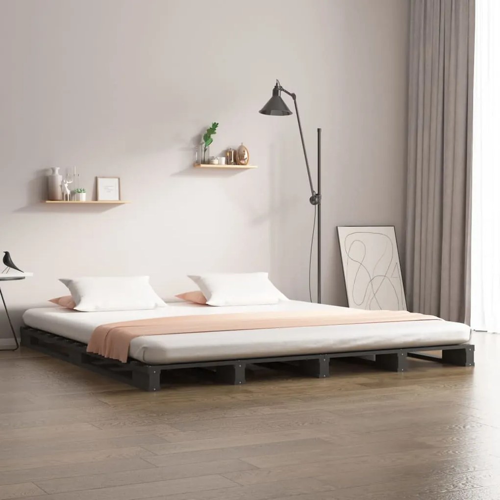 Letto A Pallet Grigio 140x190 Cm İn Legno Massello Di Pino /