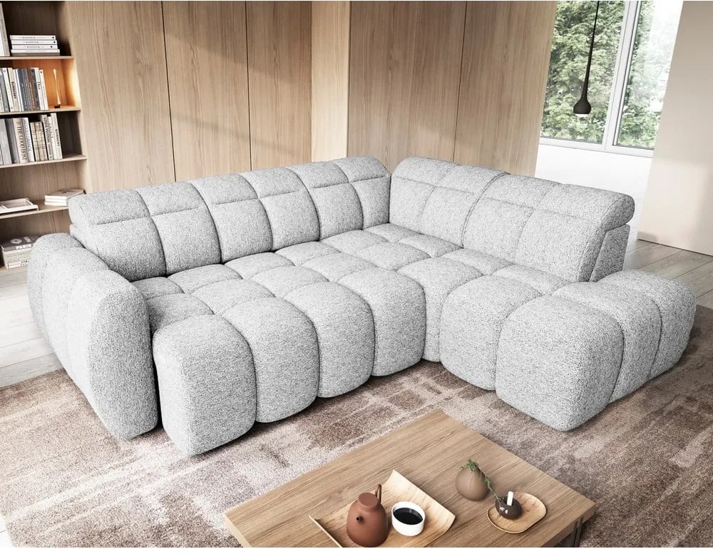 Divano angolare grigio chiaro allungabile/con contenitore (con penisola a destra/a L) e rivestimento in bouclé Falconn – ELTAP