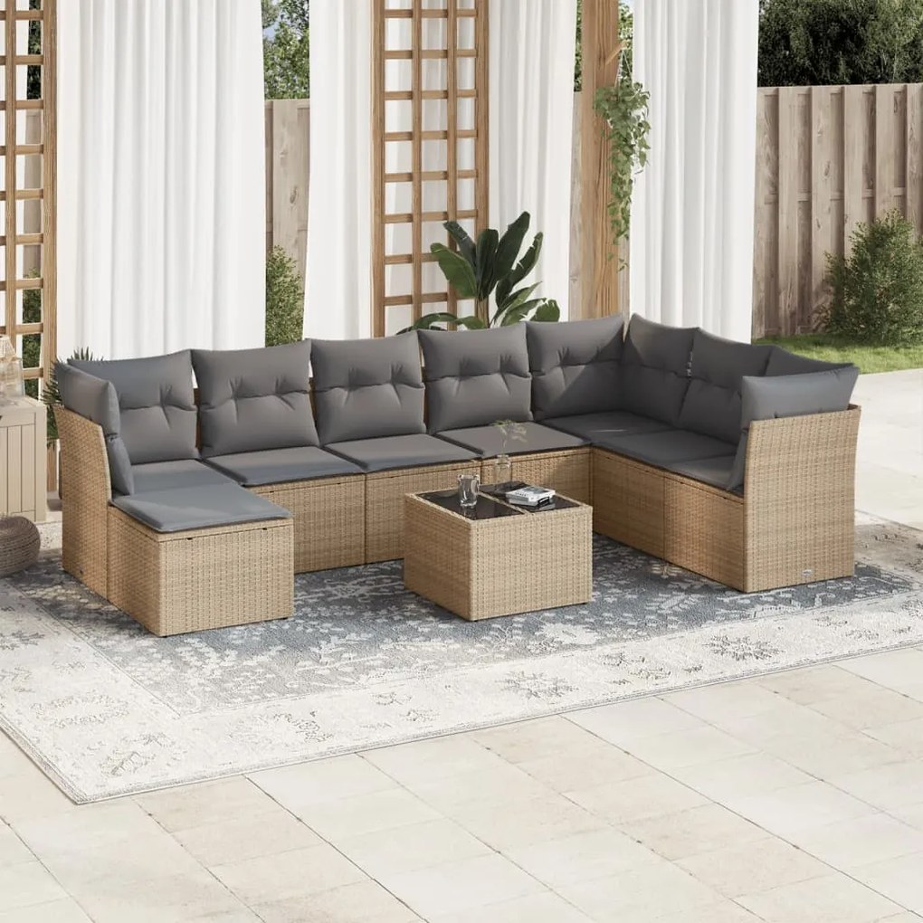 Set Divano da Giardino 9 pz con Cuscini Beige in Polyrattan