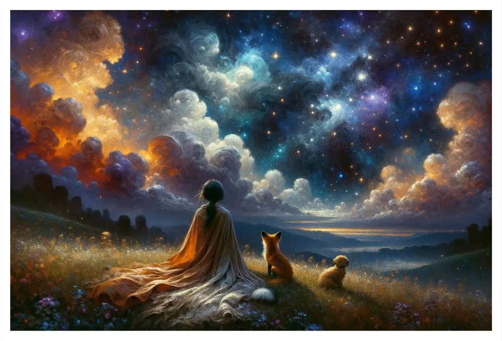 Quadro su tela – Figura con animali sotto le stelle