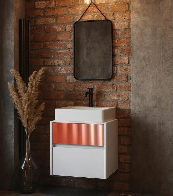 Mobile da bagno sospeso sotto lavabo Niwa 2 cassetti L 59.5 x H 50 x P 45.5 cm bianco laccato opaco e paprika cannettato