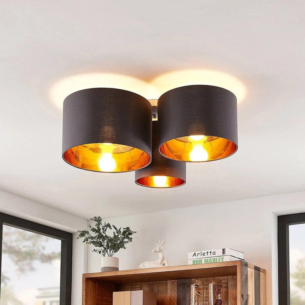 Plafoniera Lindby Laurenz, a 3 luci, grigio/oro, tessile