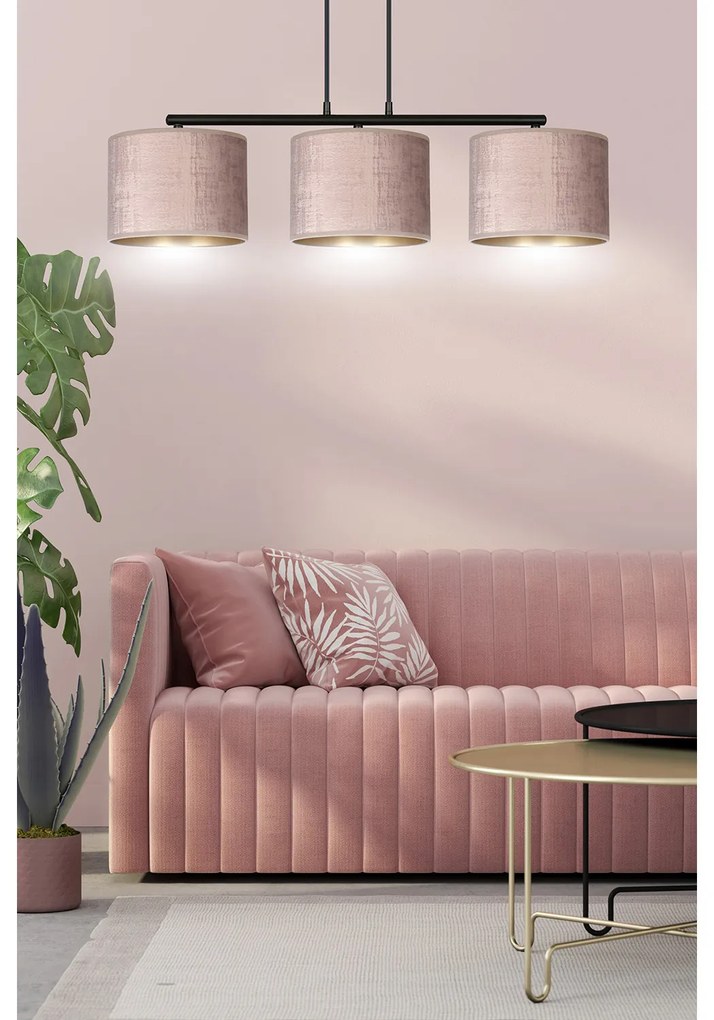 Lampadario 3 Luci Ganesha In Acciaio Nero E Paralumi In Tessuto Rosa